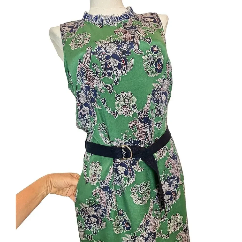 EUC Sea New‎ York Silk Sleeveless Midi Dress. Sz 8 Belted Pockets Fringe Green - Picture 8 of 16